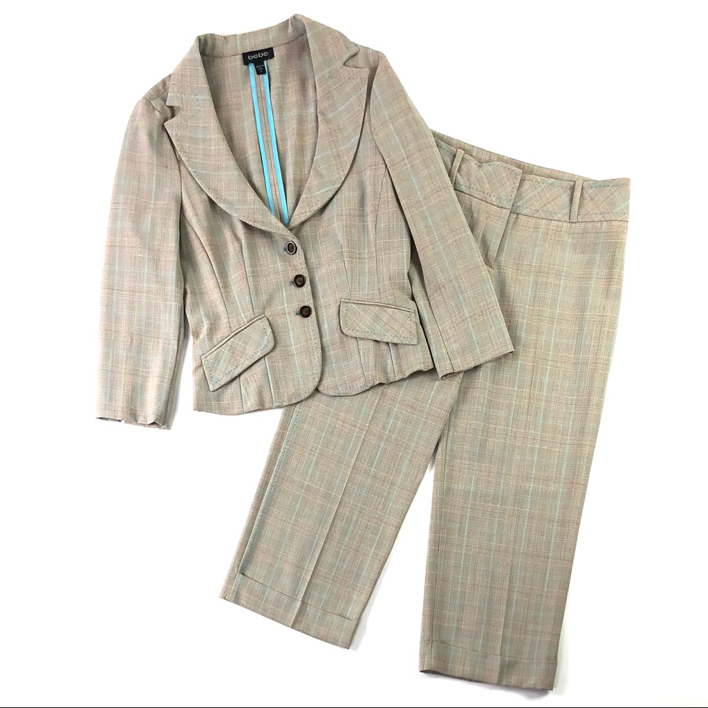 Bebe Italian Grey Plaid Pant Suit Set